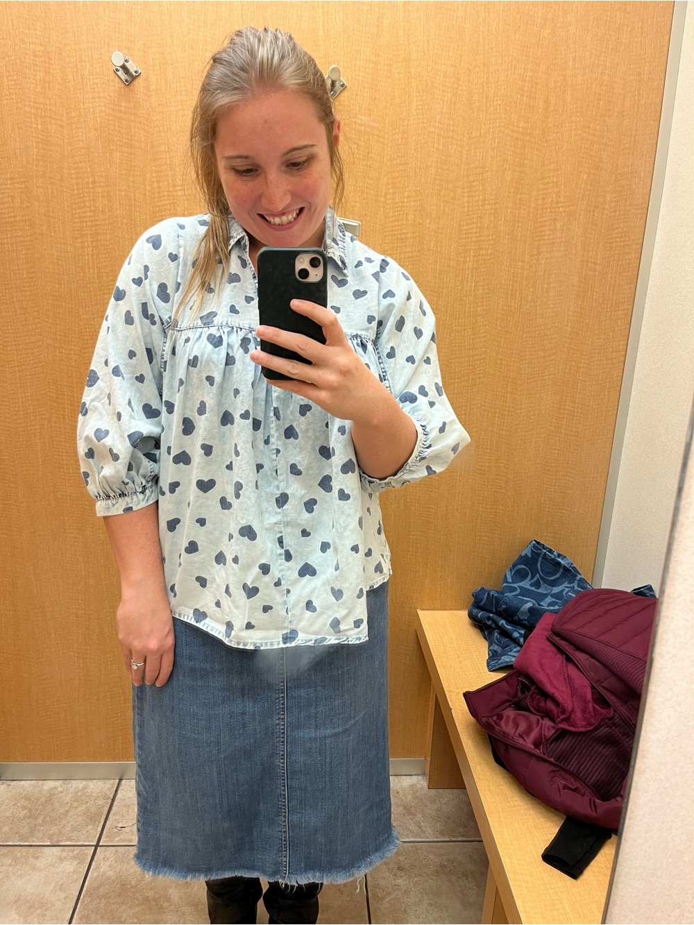 Cato Light Blue Denim Top with Navy Heart Print